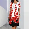 Robes décontractées manches courtes Vêtements femme rétro Fleurs 3D Robe de fleurs en ligne rond des jupes en ligne A-line tenues rouges