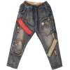 Jeans jeans primaverile femminile femminile vintage ricami elastici in vita sciolto pantaloni harem harem signore patch di alta qualità d113