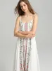 Casual jurken Khalee Yose Boho Floral Embroidery Maxi Dress Cotton Wit Mouwloze roeping Hippie Vintage Chic Beach Ladies