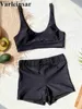 Dames badkleding Nieuwe Black High Taille Bikini Vrouwelijke zwempak Dames Swimwear Tweedelige Bikini Set Gededekte Bather Bathing Suit Swim Sport Wear V2604 WX