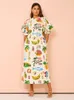 Women Hawaii Holiday Print Long Dress Short Sleeve Sashes Empire Waist Loose Vintage Retro Ladies Summer Beach Drsses 240423