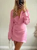 TRAF Pink Satin Dress Woman Wrap Short Shirt Dresses For Women Long Sleeve Mini White Dress Lady Fashion Elegant Party Dress 240507