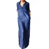 Abiti casual abito in denim a maniche lunghe maxi bohémien con collare a corto di rotazione di orlo diviso per donne taglie forti taglie