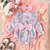 Rompers Baby Girl Easter Outfits Spring Long Sleeve Bow Front Ruffle Romper with Headband Set Infant Clothes H240508