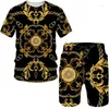 Tracksuits voor heren zomer luxe gouden bloemenprint 3d mannen dames T-pakken pakken vintage barokke patroon t-shirts shorts set mode tweedelige mode