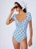 Frauen Badebekleidung Hellblau Plaid Print Fashion V-Ausschnitt Süßes einteilige Bikini-Show Back Slimming Senior Sommer 2024 Stil