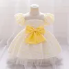 Taufkleider Baby Girl Prinzessin Party Tüll gedrucktes Bogenkleid Neugeborene Baptist Erster Geburtstag Vestibus Kleidung Q240507
