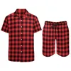 Men's Tracksuits Red And Black Plaid Men Sets Retro Checkerboard Casual Shirt Set Vintage Beach Shorts Summer Suit 2 Piece Clothing Big Size