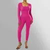 Jumpsuits voor dames rompreren Long Sle Jumpsuit Women Bodycon One-Piece Outfit Jumpsuit Square Neck Casual Streetwear Rompers overalls playsuits Bodysuit D240507