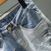 Slim Straight Jeans Shorts Men Personalidade Multi Pocket Mixed Color Stitching Patch Ripped Hole Denim Masculino Masculino 240430