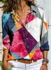 女性用ブラウス2024ファッションシャツ幾何学的なブロック印刷ボタン長袖カジュアルシャツフィットサマー服