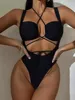 2024 vrouwen badkleding halter zwart één stuk monokini vrouwelijke badpakken diep v bodysuit dame gevatde bh badpakken strandkleding zxd