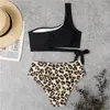 Women's Swimwear Sexy Leopard Print Bikini Hollow Out Bandage Swimsuit Women Two Piece Biquini One-shoulder Brazilian Beach Bathing Suit