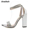 Sandali aneikeh silver lace-up bling cristallo sexy donna sexy tacco quadrato fibbia gladiatore da 10,5 cm pompe per matrimoni scarpe moda