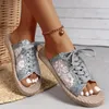 Slippers Women's 2024 Summer Open Toe Flat Crystal Mesh Shoes Комфортно для дыхания кружева zapatos