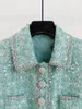 Robes décontractées Femmes Simple Breasted Green Tweed Mini robe à manches longues Decoration Diamond Poches Ruffle 2024 Spring Lady Sequin Robe