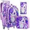 Sac à dos 3 morceaux de filles roulant sac à dos pour enfants rouleaux rouleaux sac à dos avec sac à lunch conception de motif de chat violet fonction nocturne wx