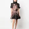 2024 Runway Designer Woman Dress Ruffles Short Sleeve Flower Print Lace Up Elegant Female Verstidos Holiday Holiday Dresses