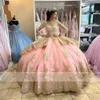 Robes quinceanera roses à manches longues élégantes Appliques de bal robe d'anniversaire de robe d'anniversaire scintillant Swace-Up Sweet 16
