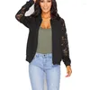 Damenjacken Spitzenhülsen Frauen Grundlagen Langer Patchwork Transparent Reißverschluss Casual Slim Jacket Mantel Bomber Outwear Outwear