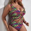 Frauen Badebekleidung sexy Deep V Badeanzug Leopardengedruckte Krawatte vorne 1 Stück Plus Size Bikini Rückenless ärmellose Monokini