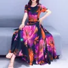 Partykleider A-Line Kleid Bohemian Blumendruck Midi für Frauen hoher Taillenschwung Stil mit kurzen Ärmeln rund Sommer