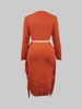 Tweede stuk jurk LW Letter Afdrukken Tassel Design Rokset Dames 2 -delige bijpassende outfits Lange slve o nekvulling Top Skinny Mid -kalfsrokken Y240508