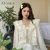 Women's Blouses Spring Fashion Women Clothes Lace Chiffon Shirt Ruffle Neck Sweet Ladies H-shaped Long Sleeve Vest Two Piece Set