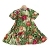 Girls Begonia flower printed falbala dresses kids designer princess clothing summer children puff sleeve beach holiday dress Z8025