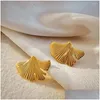 Boucles d'oreilles de cerceau Hoop Stud de feuilles de ginkgo vertical Vingate Collier métallique plaqué GOL