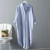 T-shirt pour femmes Coton Femmes Shirt Robe Bage Vacation Nouveau lin Coton Casual Plus Taille Femmes Longs à manches longues White / BLUEL2405