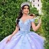 Glitter lilac Sky Blue Off the ombro Quinceanera vestido de baile Applique Lace Bow Beading Corset Sweet 16 Vestidos de XV 15 Anos