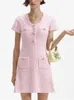 Robes de fête Femmes Pink Sequin Knit Mini robe O-Neck Reck à manches courtes Robe bouton de ramine pour la femme 2024