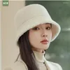 Berets Winter Bucket Hats For Women Flat Top Fisherman Cap Female Keep Warm Fashion Design Beads Chain Faux Fur Korean