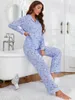 Women's Sleepwear Floral Print Blue Pajama Set For Women Cotton Long Sleeve Button Down Lounge Nightwear Full-Length Bottom Notched Collar