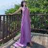 Robes décontractées Summer Purple Sexy Club Off épaule Slim Roufles sans dos Long Robe Banquet de mode Banquet de mode Halter Robe