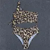 Women's Swimwear Sexy Leopard Print Bikini Hollow Out Bandage Swimsuit Women Two Piece Biquini One-shoulder Brazilian Beach Bathing Suit