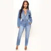 Women Jumpsuits Sexy Button Down Slim Fit V Neck Long Sleeve Denim Jumpsuit Fashion Lapel Full Length Jeans Rompers Overalls