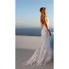 Sirène spaghetti bretelles robes blanches romantiques appliques robe de mariée perlée avec train de balayage