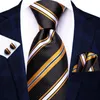 Bow Ties Hi-Tie Striped Black Orange Elegant Men Tie Jacquard Silk Necktie For Hankerchief Cufflink Wedding Business Fashion Designer