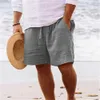 Мужские шорты 2024 мужчины летние хлопковые льняные шорты для расточительной веревки эластичная талия прямая нога с твердым цветом дышащий пляж пять повседневных средних брюк Y240507