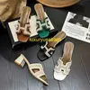 Leather Sandals Oran Womens Slippers HB Trendy Brand Sandals Womens Thick Heels 2024 Summer New One Line Heelless Sandalssummer Dress with Hi have logo