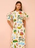 Women Hawaii Holiday Print Long Dress Short Sleeve Sashes Empire Waist Loose Vintage Retro Ladies Summer Beach Drsses 240423
