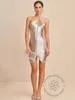 Sexy Fashion Metallic Halter Mini Dress For Women Female Sleeveless Backless Sliming Vestidos Lady Party Club Evening Gown Robe 2405079