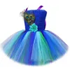 RoyalBlue Peacock Costumes For Girls Carnival Halloween Fancy Dresses For Kids Birthday Party Tutus Outfit With Flower Feathers 240429