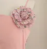 Vestidos casuais moda de rua alta 2024 feminino na primavera de verão mangas apliques de flores lantejoulas de tweed vestido de festa rosa tweed
