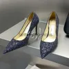 JC Jimmynessity Choo Quality Huol Heels Свадебная обувь Flat Designer High Sandals Элегантные женские флоты синие алмазы Классический неглубокий стразы 8 см Zhxy