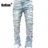 Kakan - Jeans de remendo de trecho de rua pesados europeus e americanos para homens para homens high Street Straight Fit Long Jeans16-3001 240507