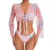 Dames badmode vrouwen 4pack print bikini sets met lange mouwen met meshbroeken bedek ups zwempak vrouwelijke string strand badpakken pakken