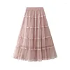 스커트 2024 패션 구슬 계층 Maxi Tutu Tulle Skirt for Women Korean High Street 라인 허리 긴 메쉬 여성